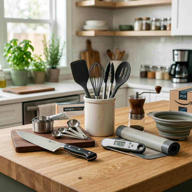 Kitchen utensils including knife, measuring cups and spoons, whisk, tongs, spatulas, pepper grinder, digital thermometer, and a collapsible bowl on wooden counter